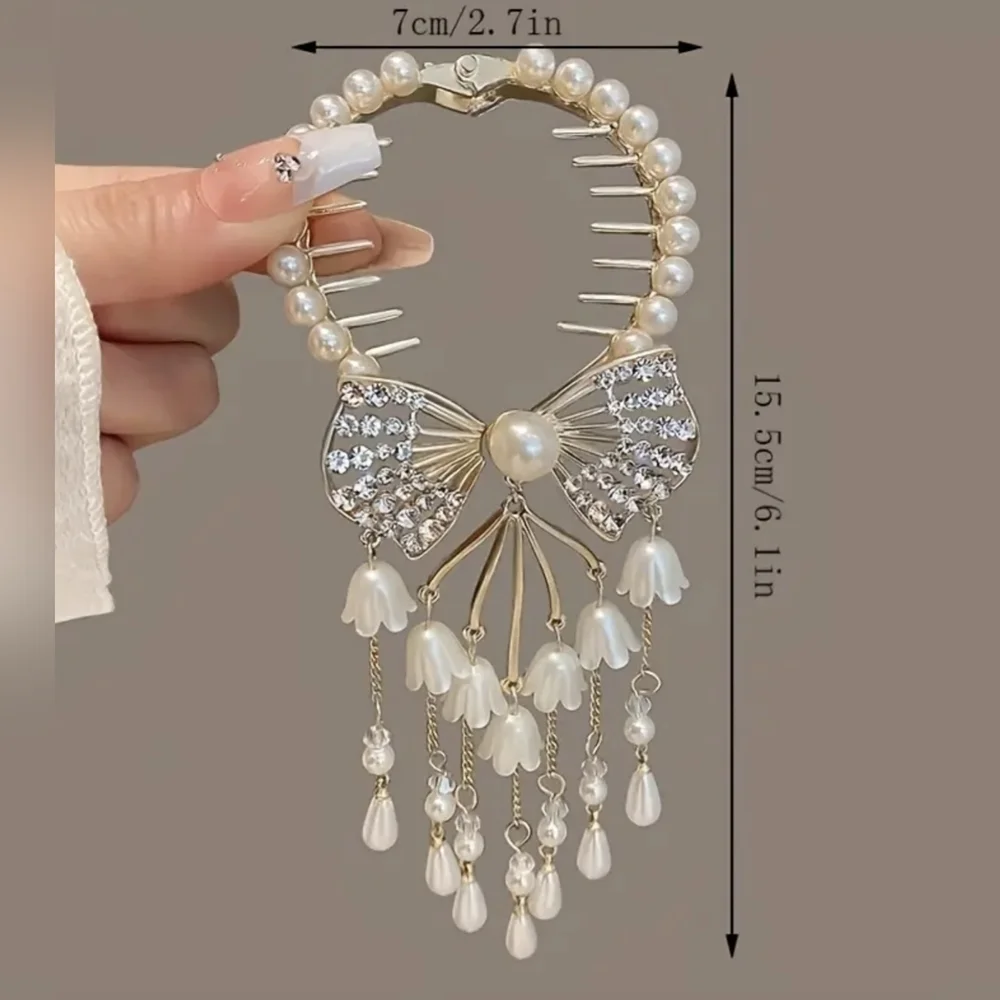 New wedding hair clip bow dangly rhinestone faux pearls, TM2B2